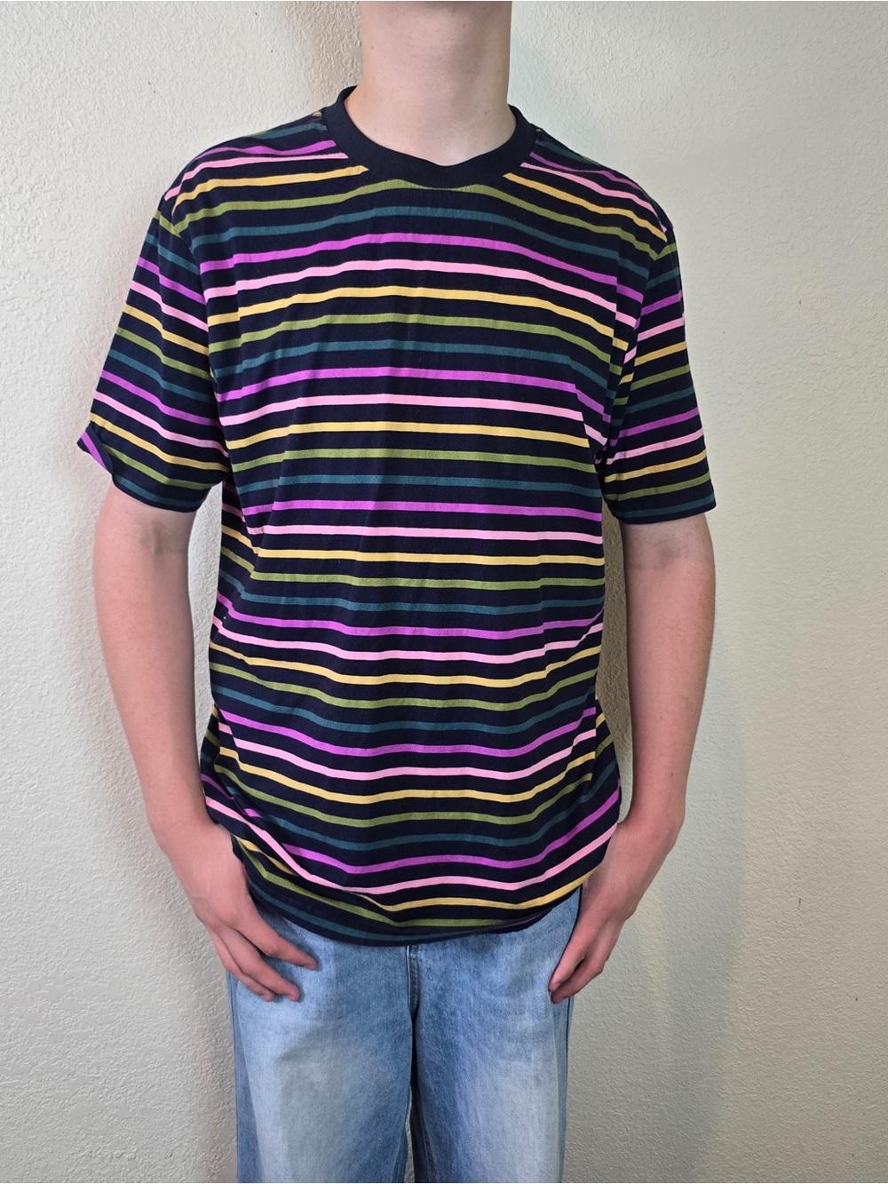 Scotch & soda Men's Black Multi-Stripe Crewneck T-Shirt large